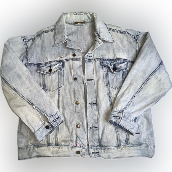 Free People Distressed Rough Collar Denim Jean jacket Women's Sz M/L Blue Spring - Picture 1 of 9